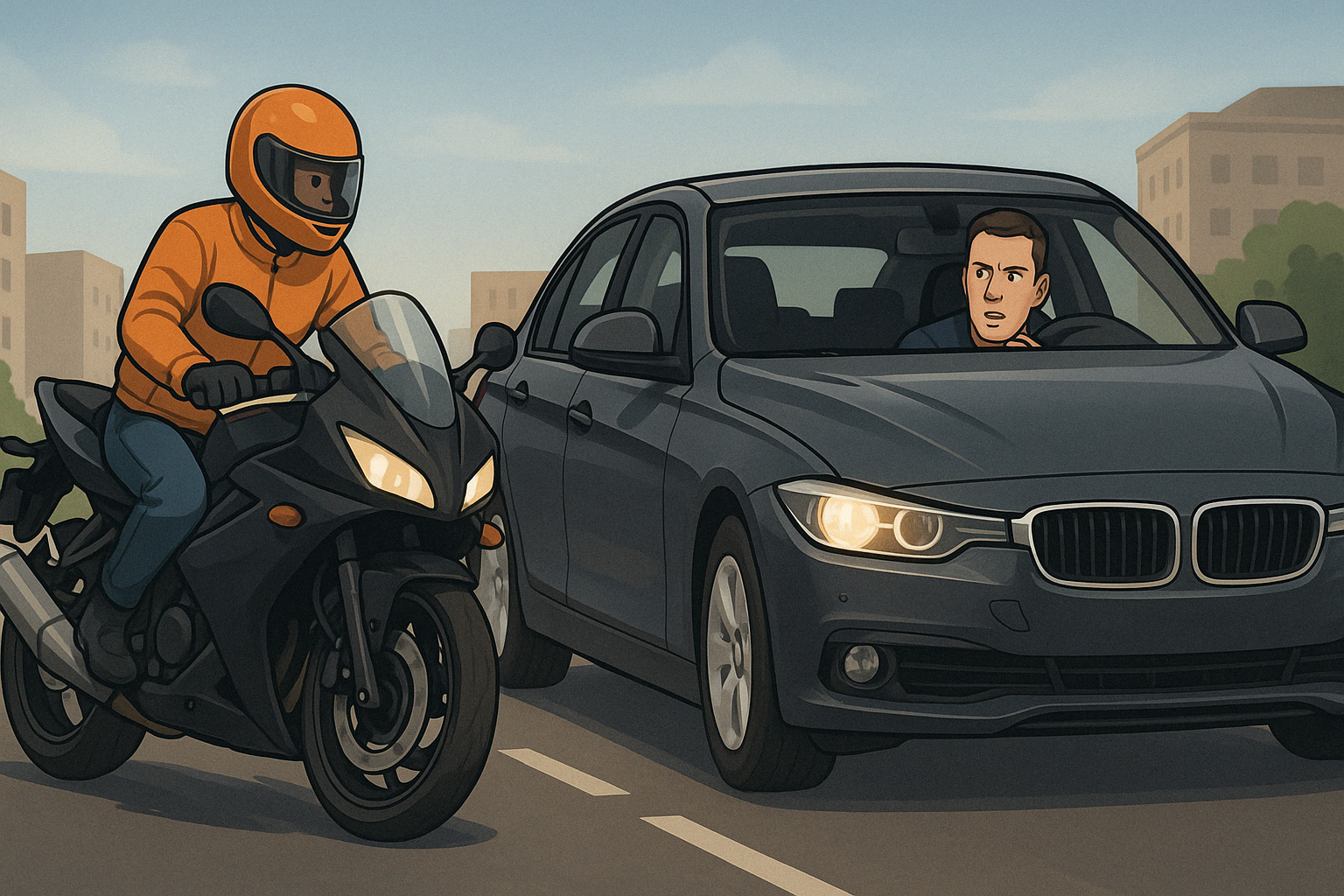 Вид из салона автомобиля на мотоциклиста, который едет по соседней полосе в городском потоке