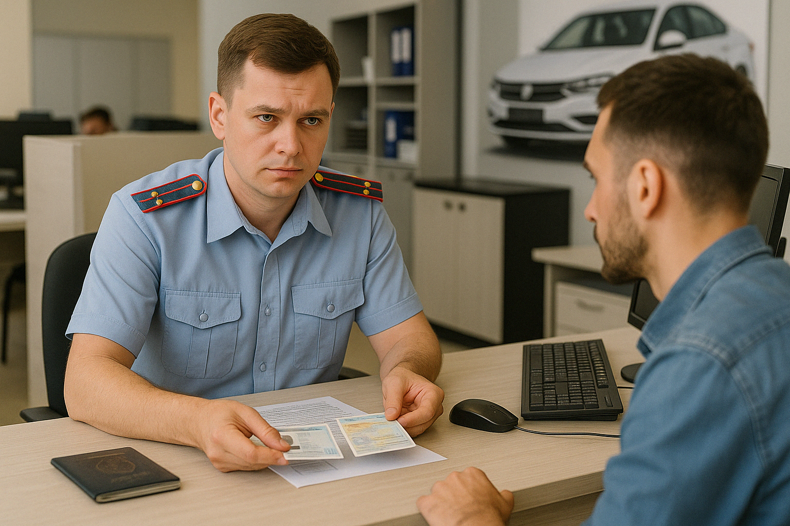 Стойка приема документов в МРЭО ГИБДД с табло очереди и стопкой бланков заявлений