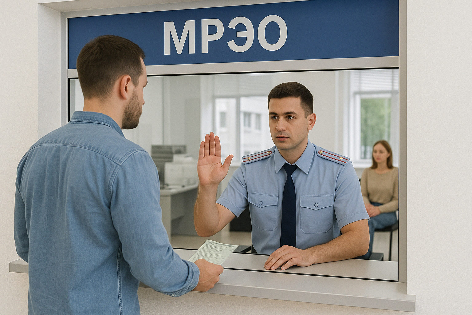 Стойка администратора в зале МРЭО с электронным табло очереди и окнами приёма