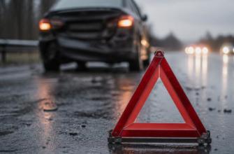 Знак аварийной остановки на мокром асфальте позади автомобиля