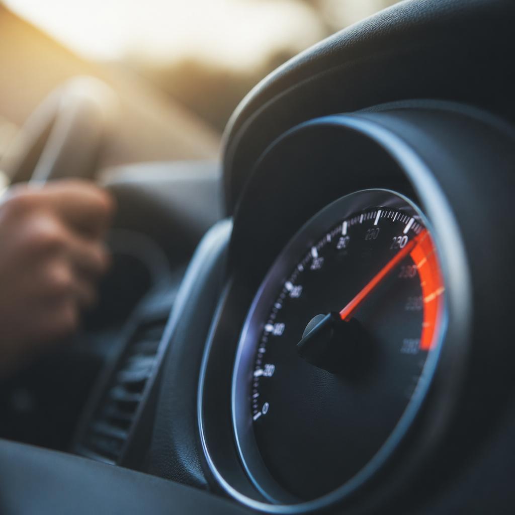 Приборная панель автомобиля со спидометром крупным планом на трассе
