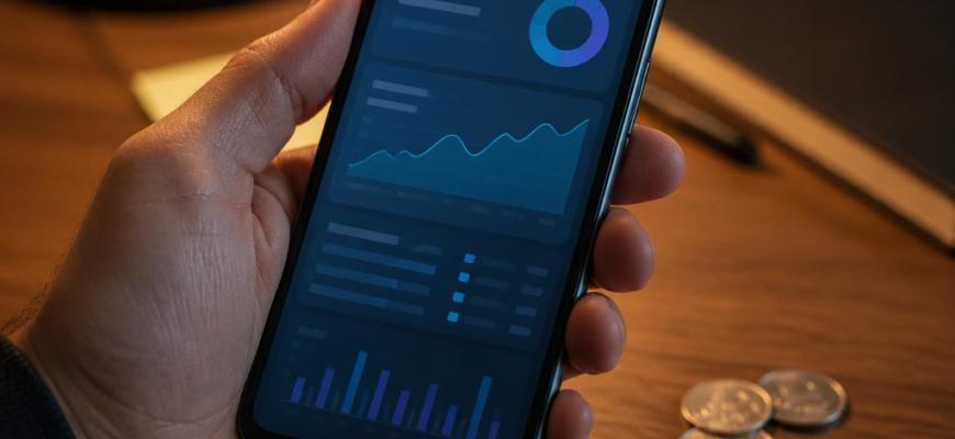 Смартфон с банковским приложением в руке человека рядом с монетами.