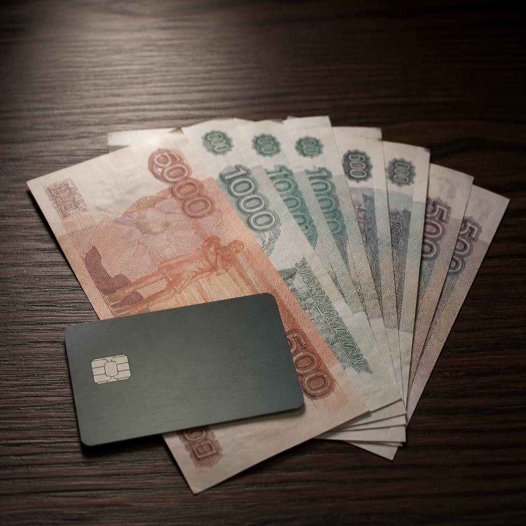 Российские рублёвые банкноты и банковская карта на столе.