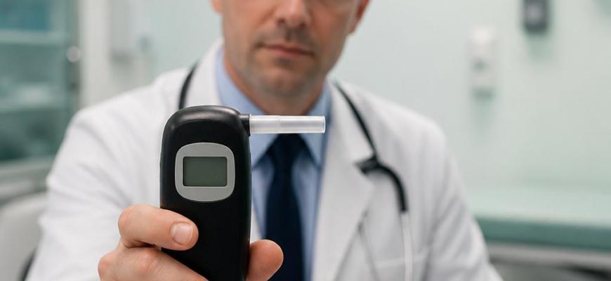 Врач держит алкотестер для проведения медицинского освидетельствования водителя