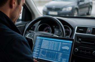 Мужчина проверяет автомобиль по VIN-номеру на ноутбуке рядом с подержанным автомобилем.