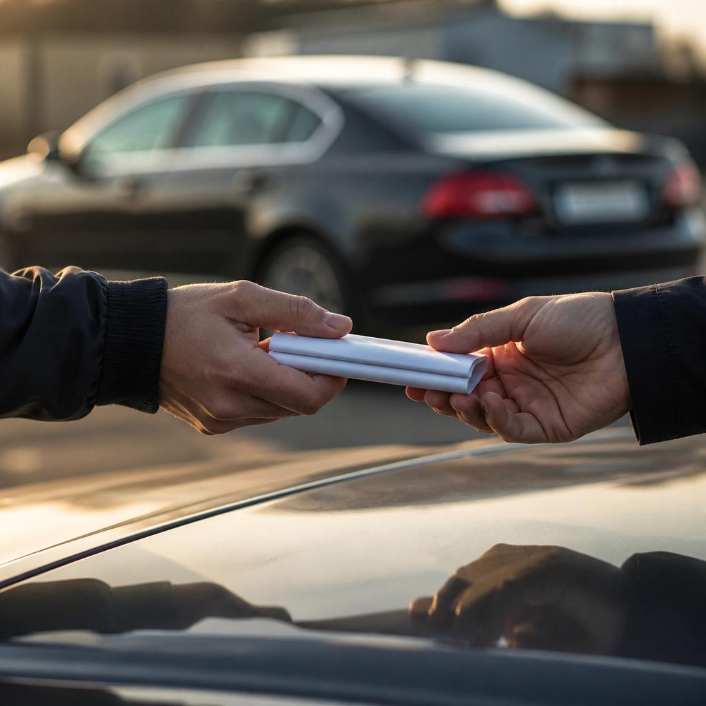 Передача документа между покупателем и продавцом на фоне автомобиля.