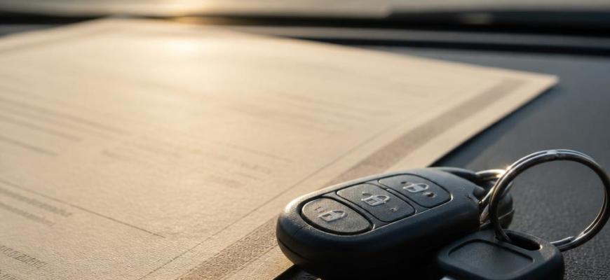 Крупный план полиса ОСАГО и ключей от автомобиля на приборной панели.