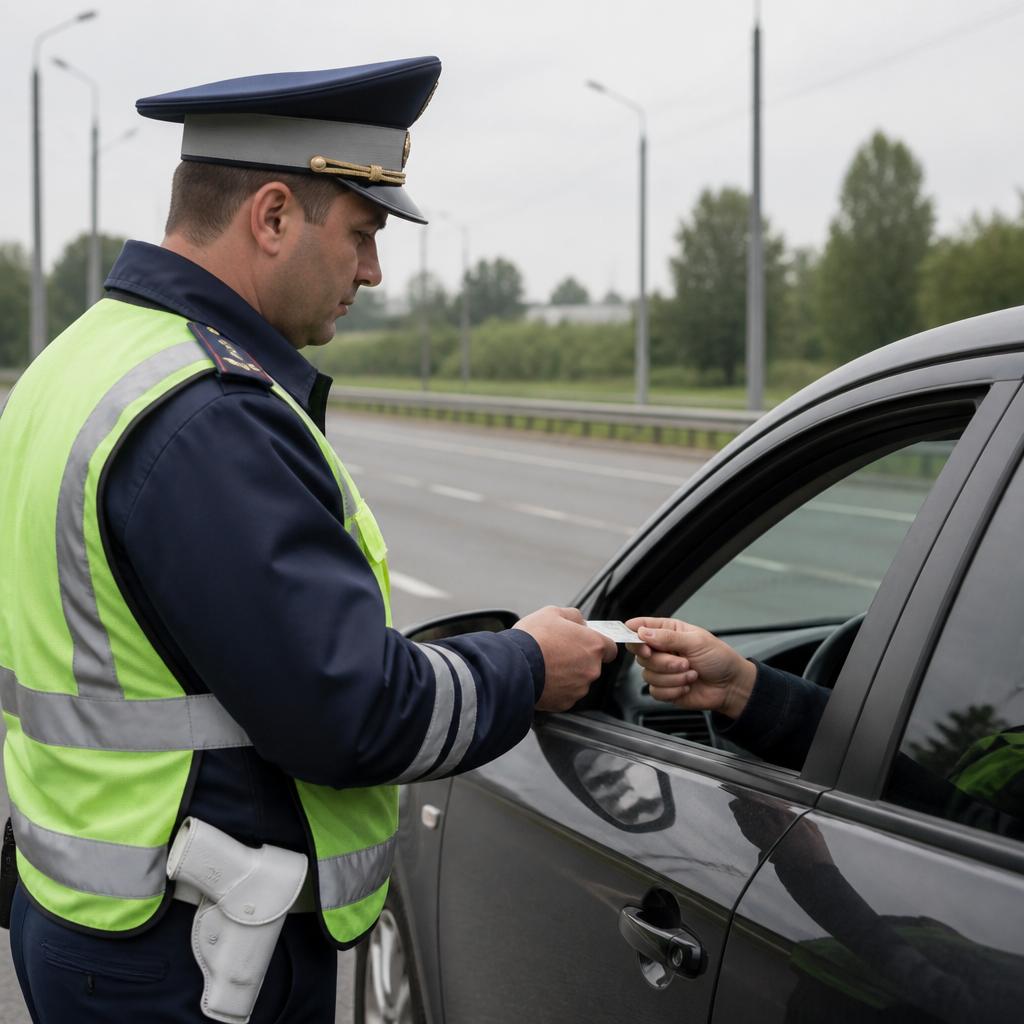 Инспектор ГИБДД проверяет документы у водителя рядом с автомобилем на обочине.