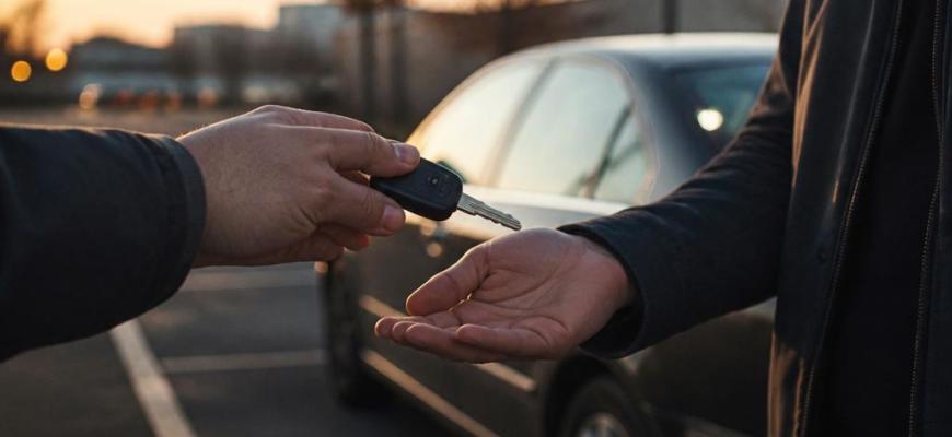 Водитель передаёт ключи от автомобиля другому человеку на парковке