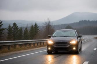 Автомобиль едет по дороге днём с включёнными фарами ближнего света