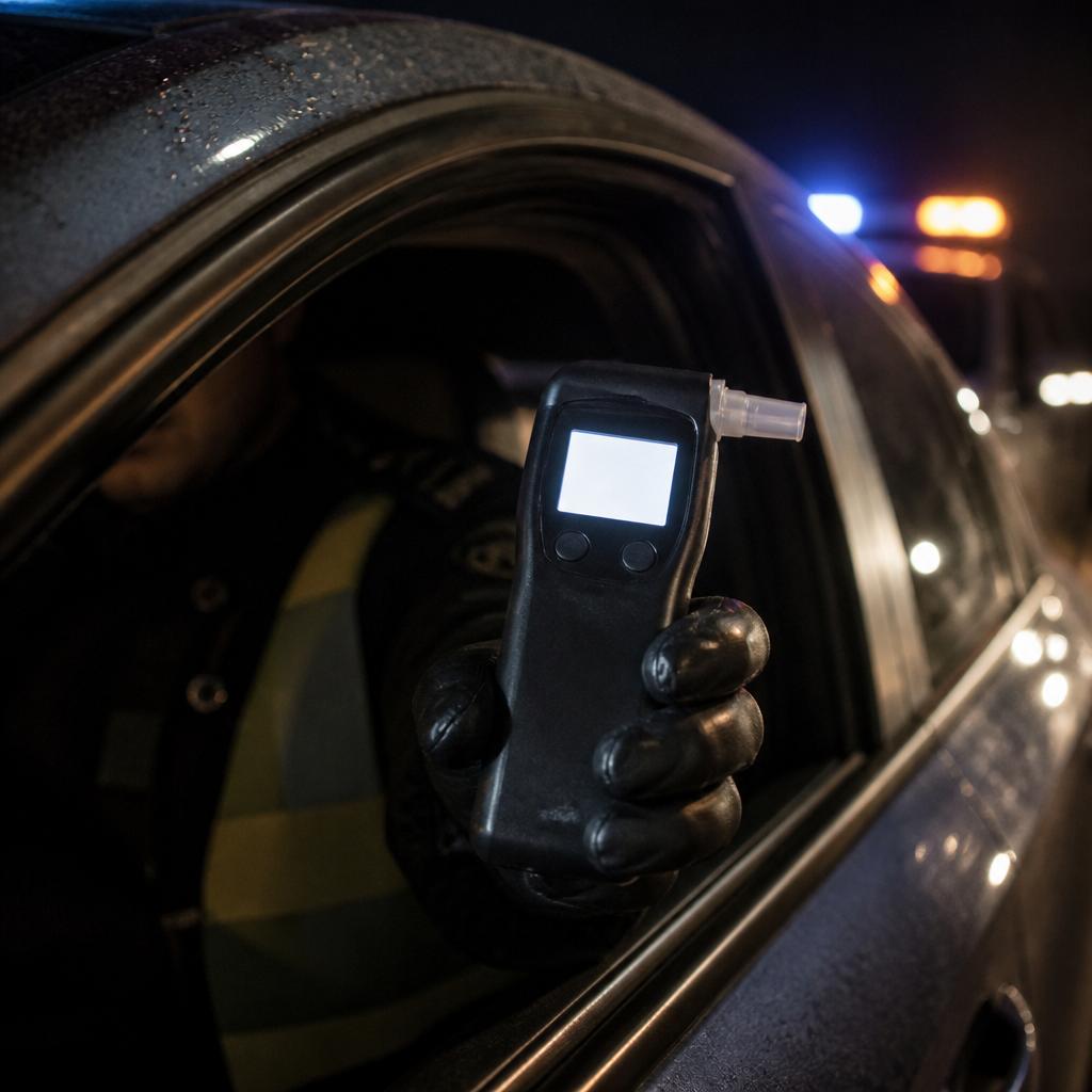 Дисплей алкотестера крупным планом с цифровым показанием в руках инспектора вечером на трассе