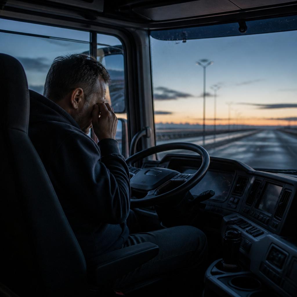 Автомобиль стоит на обочине трассы ночью, водитель отдыхает перед продолжением пути